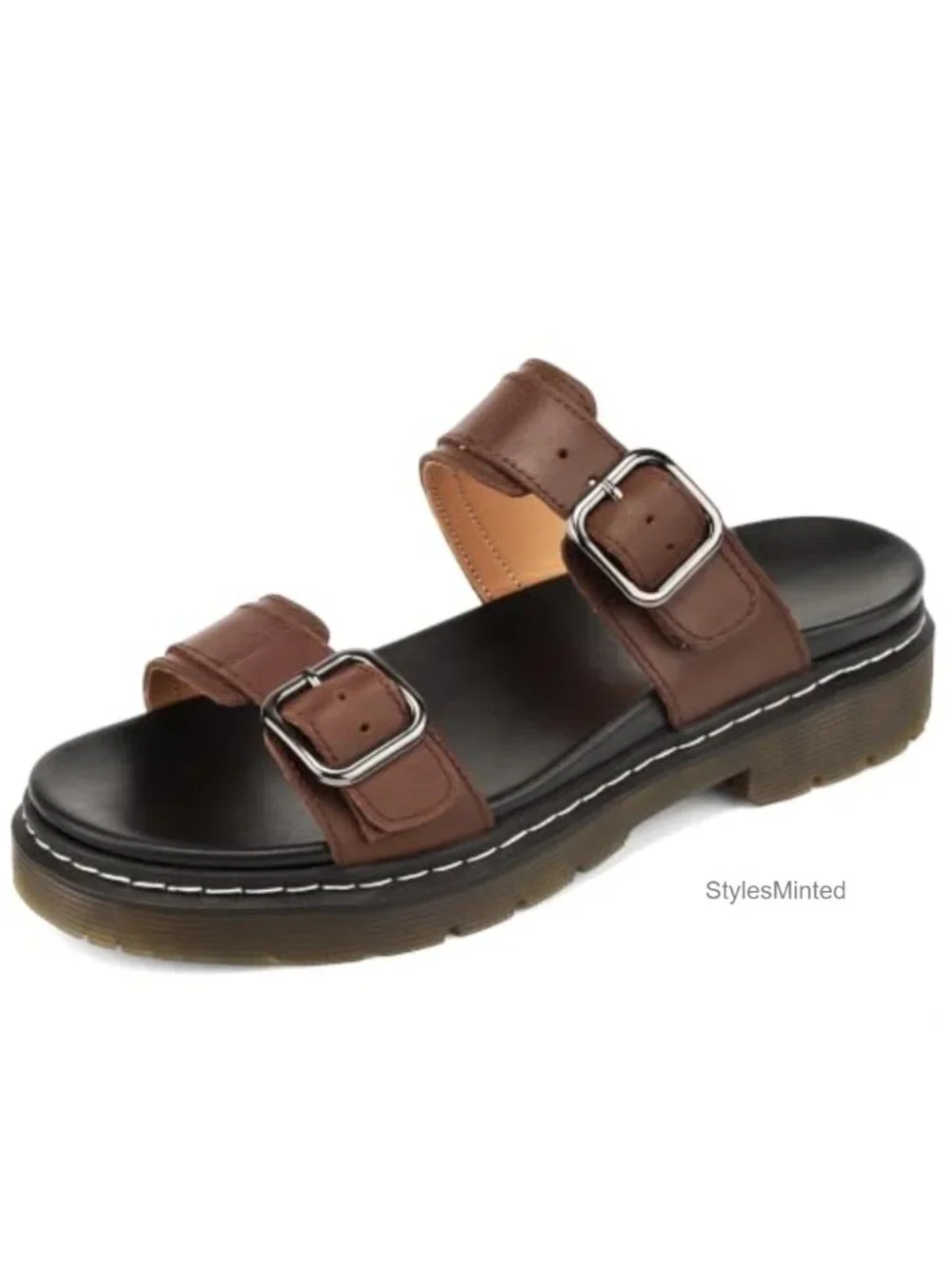 Women's Genuine Leather Platform Wedge Sandals Double Adjustable Buckles Slip